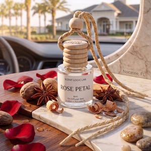 May include: A clear glass 8ml oil diffuser bottle with a light wood cap and hanging cord. The white label reads SCENT LOGIC LAB, ROSE PETAL, 8ml, Oil Diffuser 8ml, Crafted in Nocatee, FL. It is surrounded by red rose petals, star anise, and wood shavings.