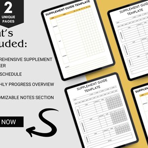 Puede incluir: Un planificador digital con cuatro páginas para hacer un seguimiento de los suplementos. Las páginas se titulan "Plantilla de guía de suplementos". El planificador incluye un rastreador completo de suplementos, un horario diario, una descripción general del progreso mensual y una sección de notas personalizable. El texto "What's Included" y "Buy Now" también es visible.