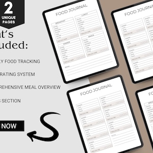 Puede incluir: Un planificador digital con dos páginas únicas para llevar un registro de la ingesta de alimentos. El planificador incluye secciones para el desayuno, el almuerzo, la cena y los refrigerios. También tiene un sistema de calificación diario, una descripción general completa de las comidas y una sección de notas. El texto "FOOD JOURNAL" está impreso en la parte superior de cada página.