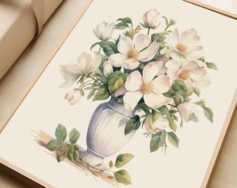 Impressão de flor branca vintage, arte de parede botânica, download digital floral minimalista