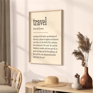 Arte mural con definición de viaje, póster minimalista imprimible, descarga digital de pasión por los viajes, impresión con cita de aventura
