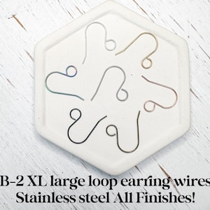 May include: Six metal earring hooks in various metallic finishes including silver, gold, rose gold, black, and iridescent. Each hook features a large circular loop at the bottom. The text B-2 XL large loop earring wires Stainless steel All Finishes! is visible.
