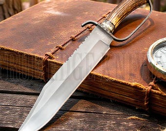 Handmade D2 Steel Blade, D-Guard Hunting Bowie Knife with Stag Antler Handle and Leather Sheath