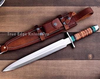 Ręcznie robiony nóż myśliwski Bowie ze stali D2 – ręcznie kuty nóż survivalowy | Skórzana rękojeść | Spersonalizowany prezent świąteczny dla niego