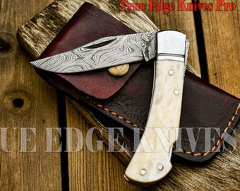 Damascus Steel Pocket Knife with Sheath – Hand Forged Steel – Camel Bone Handle – Gift for Knife Lovers