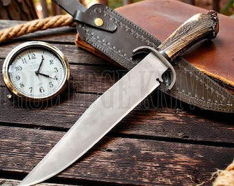 Handmade D2 Steel Bowie Knife | Stag Antler Handle, Leather Sheath
