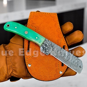 Handgefertigtes Cowboy Bull Cuttermesser – Jagdmesser mit Klinge aus Damast-Stahl & Lederscheide – Western Cowboymesser Geschenk für Ihn