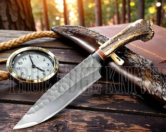 Handmade Hunting Bowie Knife | D2 Steel Blade | Stag Antler Handle | Gift for Hunter | Hunting Knife | Outdoor and Christmas Gift for Him