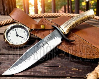 Handmade Old Farrier Rasp Steel Bowie Knife | Stag Antler Handle, Leather Sheath