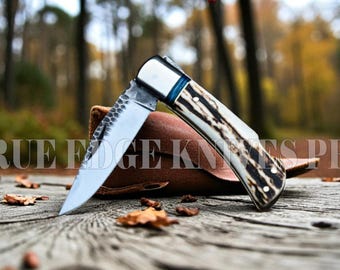D2 Steel Blade Pocket Knife | Stag Handle & Leather Sheath | Handmade Folding Knife | EDC Gift for Him | Camping Knife | Birthday Gift