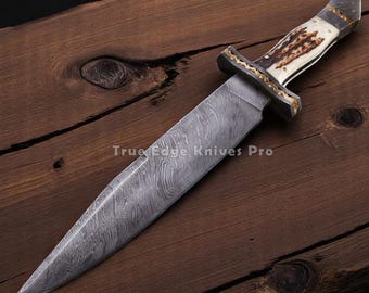 Handmade Damascus Steel Bowie Knife | Stag Antler Handle | Leather Sheath Included | Gift For Hunters | Personalized Christmas Gift for Him