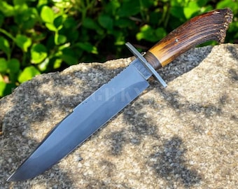 Couteau Bowie de chasse fait main avec manche en cerf | Lame en acier D2 | Manche en bois de cerf | Cadeau pour chasseur | Couteau de chasse | Cadeau d'extérieur pour lui