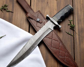 Handmade Damascus Steel Bowie Knife | Bull Horn Handle | Leather Sheath Included | Gift For Hunters | Personalized Christmas Gift for Him