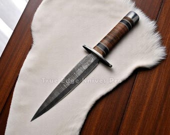 Handmade Damascus Steel Blade Big Hunting Bowie Knife, Leather Handle with Sheath | Personalized Birthday Gift for Him, Boyfriend, Brother
