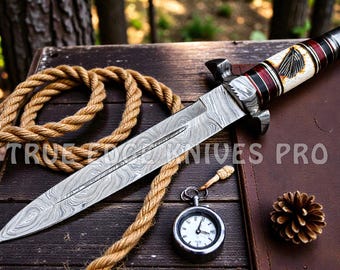 Hunting Bowie Knife | Damascus Steel Knife | Bone Handle with Leather | Personalized Knife Gift for Him