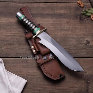 Handmade D2 Steel Blade Big Vintage Bowie Knife, Bull Horn Handle with Leather | Personalized Birthday Gift for Him, Boyfriend, Dad, Brother