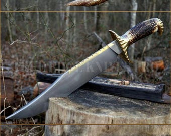 Couteau Bowie de chasse fait main avec manche en cerf | Lame en acier D2 | Manche en bois de cerf | Cadeau pour chasseur | Couteau de chasse | Cadeau d'extérieur pour homme