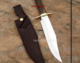 Ręcznie robiony nóż myśliwski Bowie | Ostrze ze stali D2 z drewnianą rękojeścią i skórzaną pochwą | Spersonalizowany nóż | Prezent świąteczny dla niego