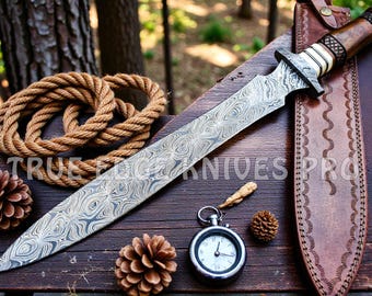 Hunting Bowie Knife | Damascus Steel Knife | Wood Handle with Leather | Personalized Knife Gift for Him