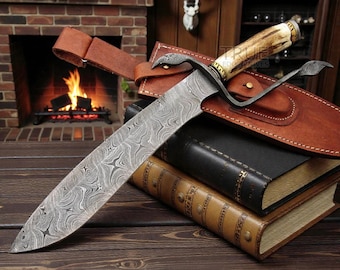 Nóż myśliwski Bowie z Damascus Bowie – nóż do przetrwania w terenie i na kemping | Ręcznie robiony nóż | Prezent świąteczny dla niego | Prezent dla myśliwych