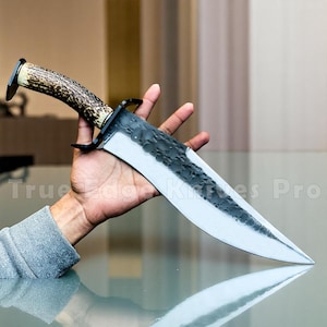 Handmade J2 Steel Blade Big Vintage Bowie Knife, Stag Antler Handle | Personalized Birthday Gift for Him, Boyfriend, Dad, Brother
