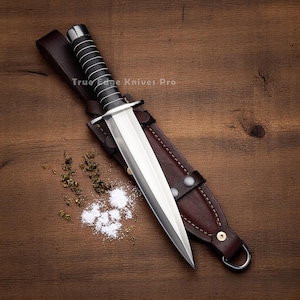 Handmade D2 Steel Blade Big Vintage Bowie Knife, Bull Horn Handle with Leather | Personalized Birthday Gift for Him, Boyfriend, Dad, Brother