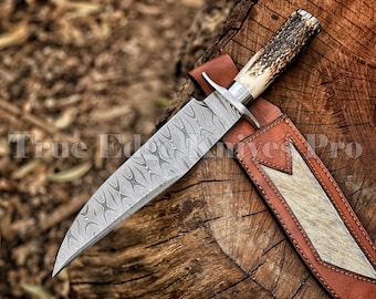 Cuchillo Bowie de acero de Damasco / Cuchillo de caza hecho a mano con funda de cuero / Cuchillo de supervivencia forjado a medida / Regalo para él / Equipo de acampada para hombres