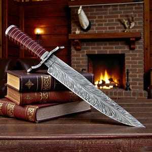 May include: A decorative dagger with a patterned steel blade and a brown leather-wrapped handle. The dagger rests on a stack of leather-bound books with gold accents, with a fireplace in the background.