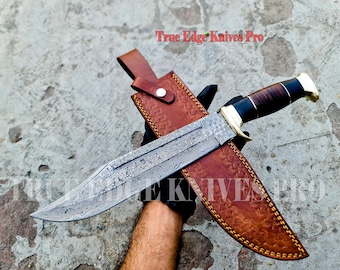Ręcznie robiony nóż myśliwski Bowie ze stali damasceńskiej | Nóż kempingowy | Rękojeść z rogu ze skóry | Spersonalizowany prezent urodzinowy dla niego lub chłopaka