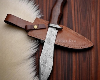 Ręcznie robiony nóż Bowie ze stali damasceńskiej – nóż myśliwski na zamówienie ze skórzaną pochwą