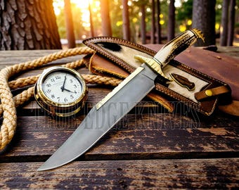 Handmade Stag Handle Hunting Bowie Knife | D2 Steel Blade | Stag Antler Handle | Gift for Hunter | Hunting Knife | Outdoor Gift for Men