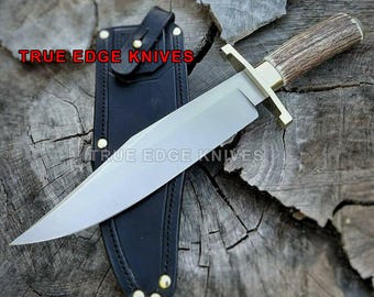 Couteau Bowie de chasse fait main avec manche en cerf | Lame en acier D2 | Manche en bois de cerf | Cadeau pour chasseur | Couteau de chasse | Cadeau d'extérieur pour lui