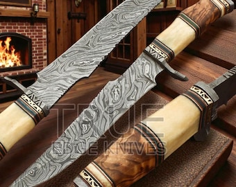 Coltello Bowie forgiato personalizzato / Coltello da caccia in acciaio di Damasco / Coltello da bushcraft fatto a mano con osso e manico / Coltello da collezione, regalo di Natale