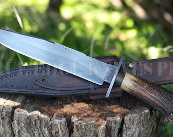 Couteau Bowie de chasse fait main avec manche en cerf | Lame en acier D2 | Manche en bois de cerf | Cadeau pour chasseur | Couteau de chasse | Cadeau d'extérieur pour lui