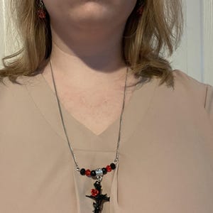 Black Cross and Rose Pendant Necklace with Red and Black Crystal Glass Beads (Stainless Steel Curb Chain, 24&#39;&#39;)
