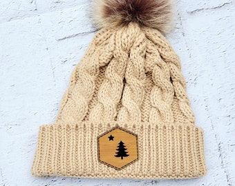 Maine Hat - Maine - Khaki Maine Flag Pom Hat - Maine Flag Winter Hat - Original Maine Flag Hat - Maine Hat - Maine Winter Hat