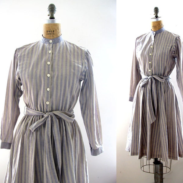 SALE vintage 1970s dress LANZ originals striped shirtwaist belted full skirt gray grey shirtdress puff sleeve small s medium m large l