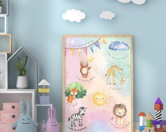 Pastel Jungle Animal Affirmation Poster, Kids Nursery Decor (Digital Download)