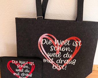 Felt Tote Bag and Cosmetic Bag Set, Heart Gift for Women