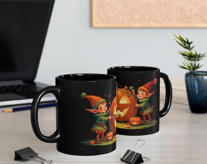 Halloween Elf Pumpkin Mug, Black Coffee Cup, Spooky Fall Decor