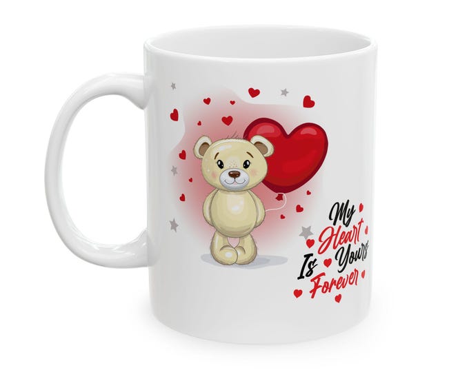 Teddy Bear Heart Illustration Mug | Romantic Love Coffee Cup