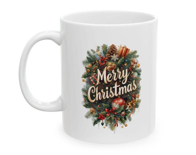 Festive Christmas Ceramic Coffee Mug, Holiday Drinkware.
