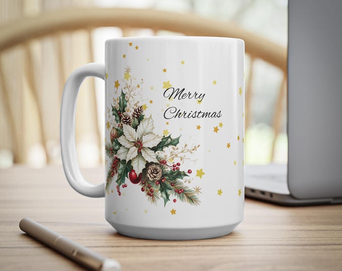 Festive Christmas Floral Ceramic Coffee Mug, Holiday Drinkware.