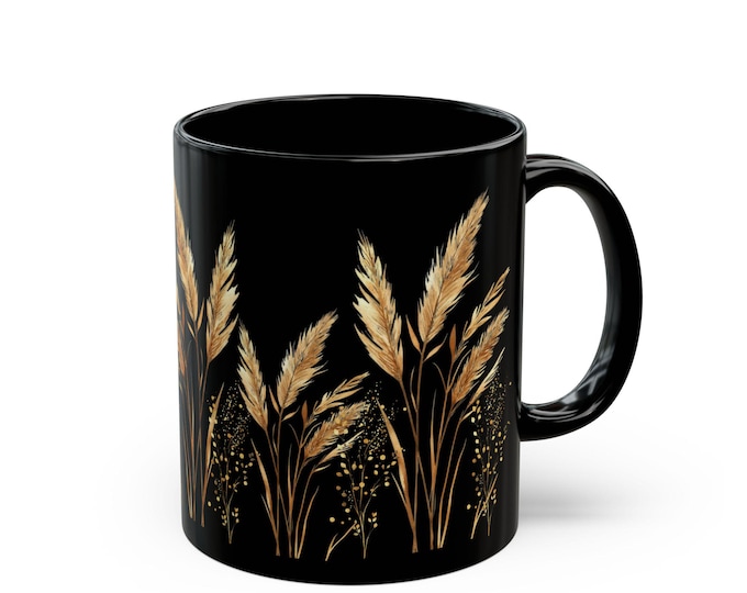 Boho Floral Black Mug, Rustic Gift for Coffee Lovers, Elegant Tea Mug, Home Decor, Wedding Favor