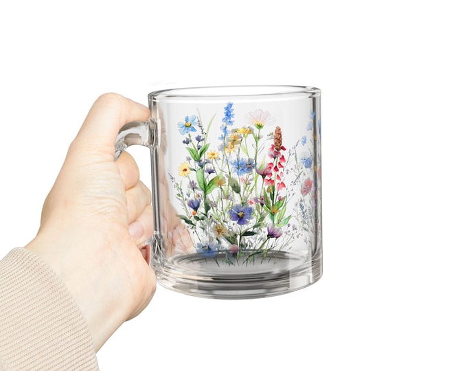 Whimsical Floral Glass Mug - 10oz, Perfect for Tea Lovers, Birthday Gift, Spring Decor, Mother's Day, Eco-Friendly Beverage