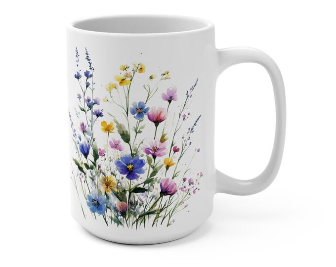 Hand-Painted Floral Garden Mug ,15oz Ceramic Coffee Cup