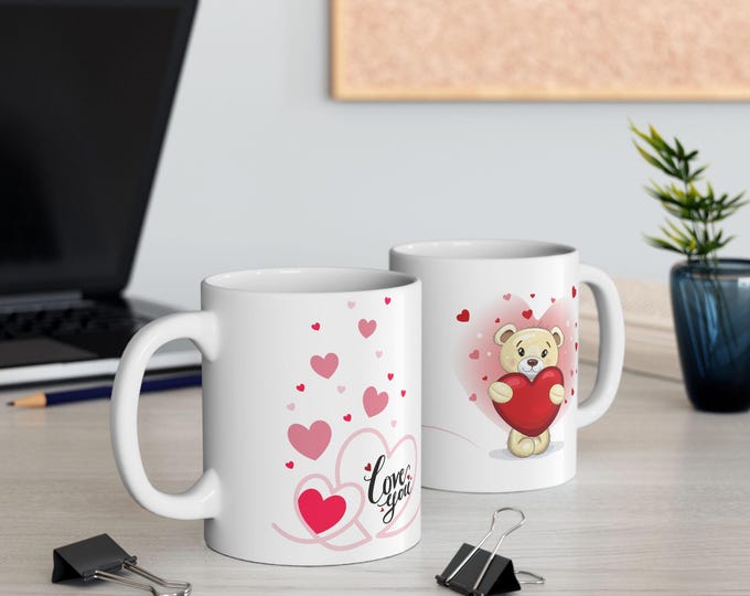 Cute Teddy Bear with Hearts Mug | Valentine's Ceramic Coffee Cup