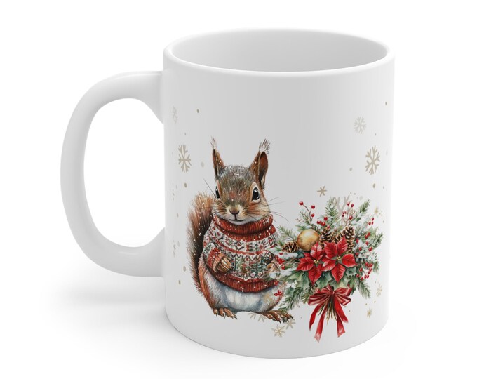 Christmas Squirrel Mug, Festive Holiday Coffee Cup