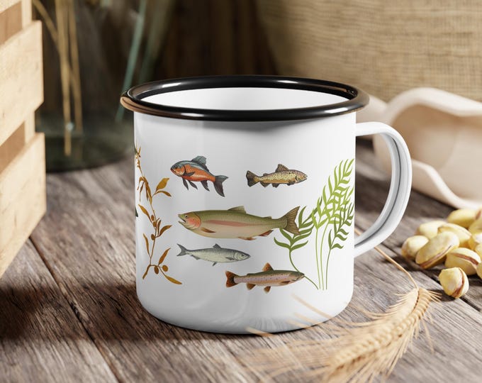 Fish-Themed Enamel Camp Cup, Camping Mug, Fishing Gift, Outdoor Drinkware, Nature Lover Cup, Adventure Cup
