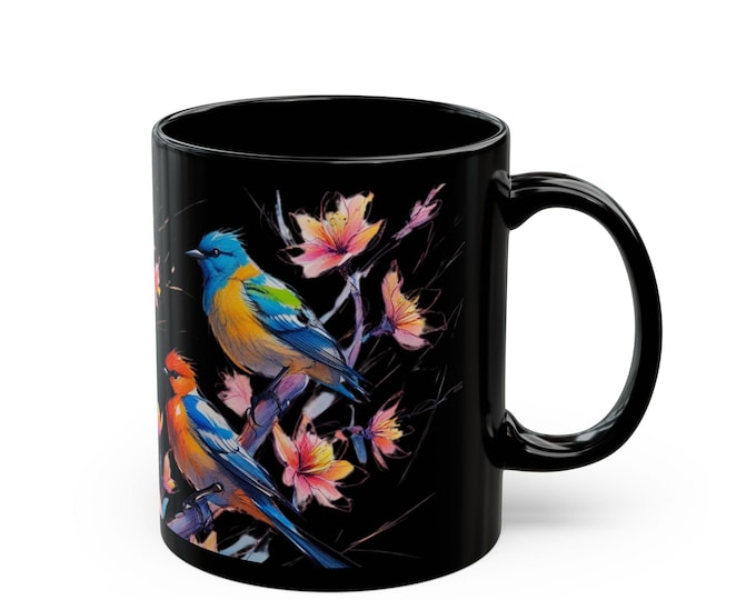 Colorful Bird and Flower Ceramic Mug, Tea lover Gift, Kitchen Decor, 11oz - Black Mug (11oz), Floral Coffee Cup, Nature Inspired Tea